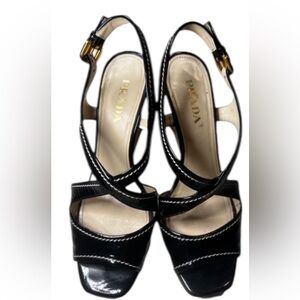 Prada Black Leather Crisscross Slingback Heels with Gold Buckle